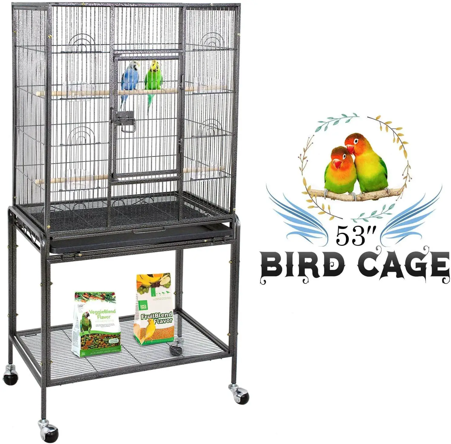 Cage à oiseaux ZENY avec support Construction en fer forgé Cage à oiseaux pour animaux de compagnie de 53 pouces Play Top Perroquet Cockatiel Cacatoès Perruche Pinsons Cage à oiseaux